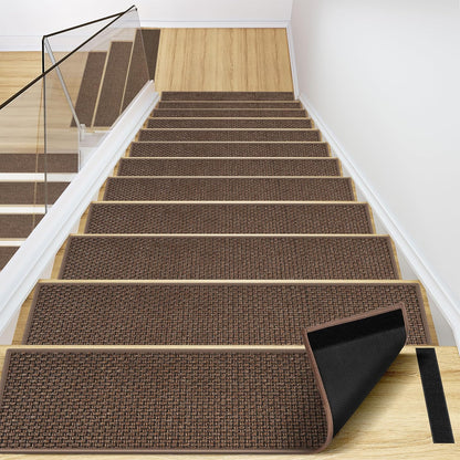 Peel and Stick Carpet Stair Treads for Wooden Steps Set of 15, Non Slip Adhesive Jute Stair Mats Indoor, Rubber Backing Safety Step Pads Mats, Grey, 8"x30"