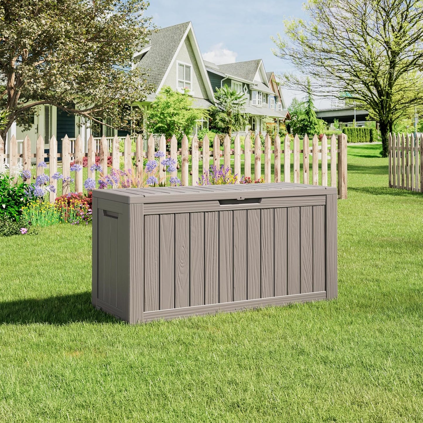 Outdoor Storage Box, 45 Gallon Deck Box with Lockable Lid, Waterproof Resin Storage Bin for Cushions, Garden Tools, Patio Furniture, Grey