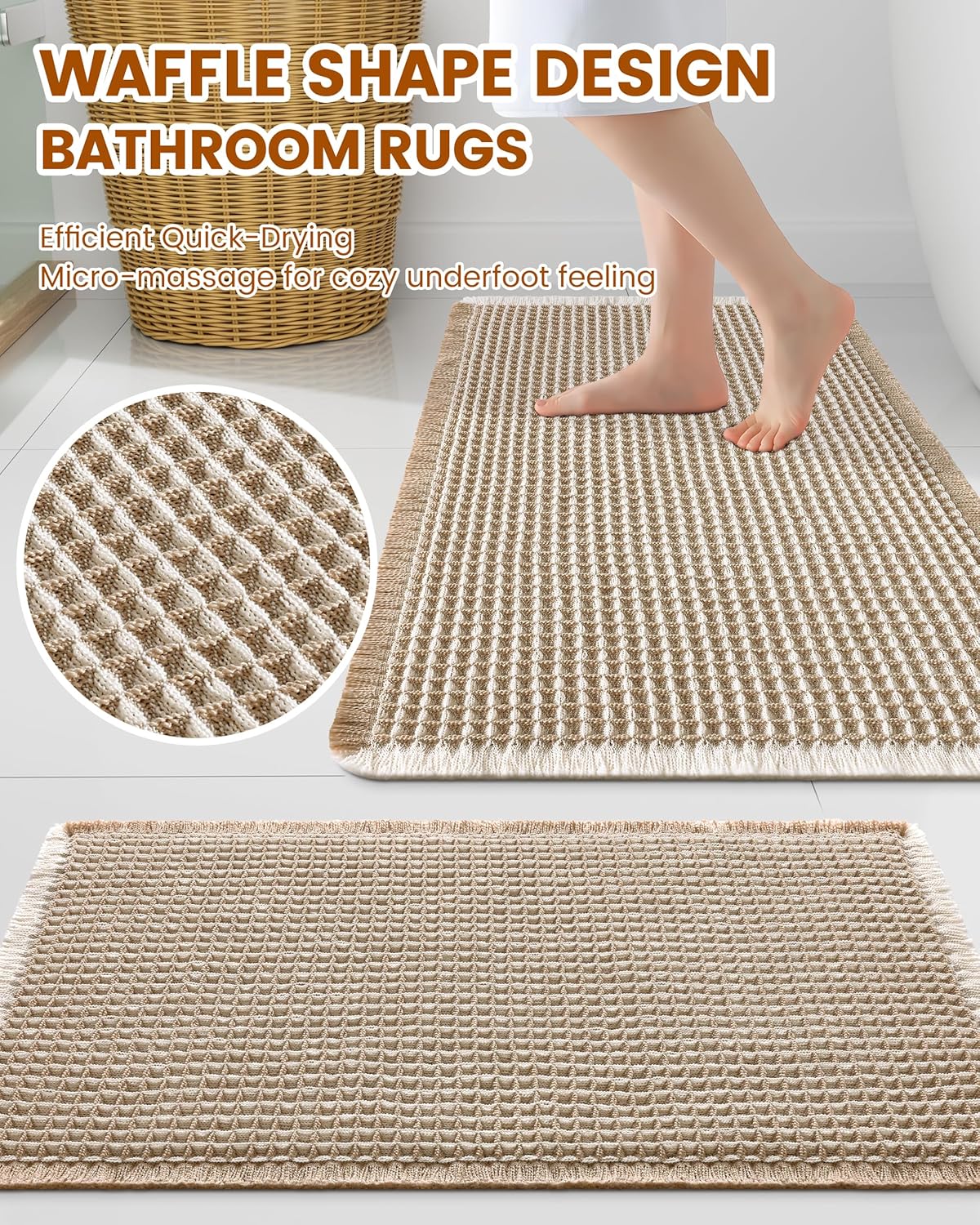 Smiry Waffle Bath Mat 30x20, Extra Soft Absorbent Bathroom Rugs, Non Slip Machine Washable Quick Dry Bath Rugs for Bathroom Floor, Tub, Shower, Home Decor Accessories, Brown