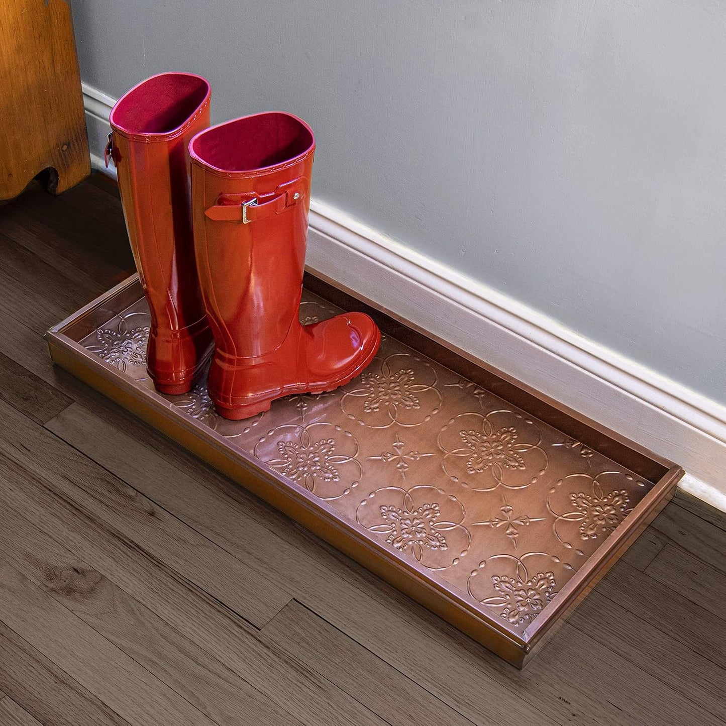 Good Directions Medium Boot Tray, Double Circles Multi-Purpose All Weather Decorative Tray, Shoes, Plants, Pet Bowls, 30x13x2 Inch, Dark Zinc Gray Steel