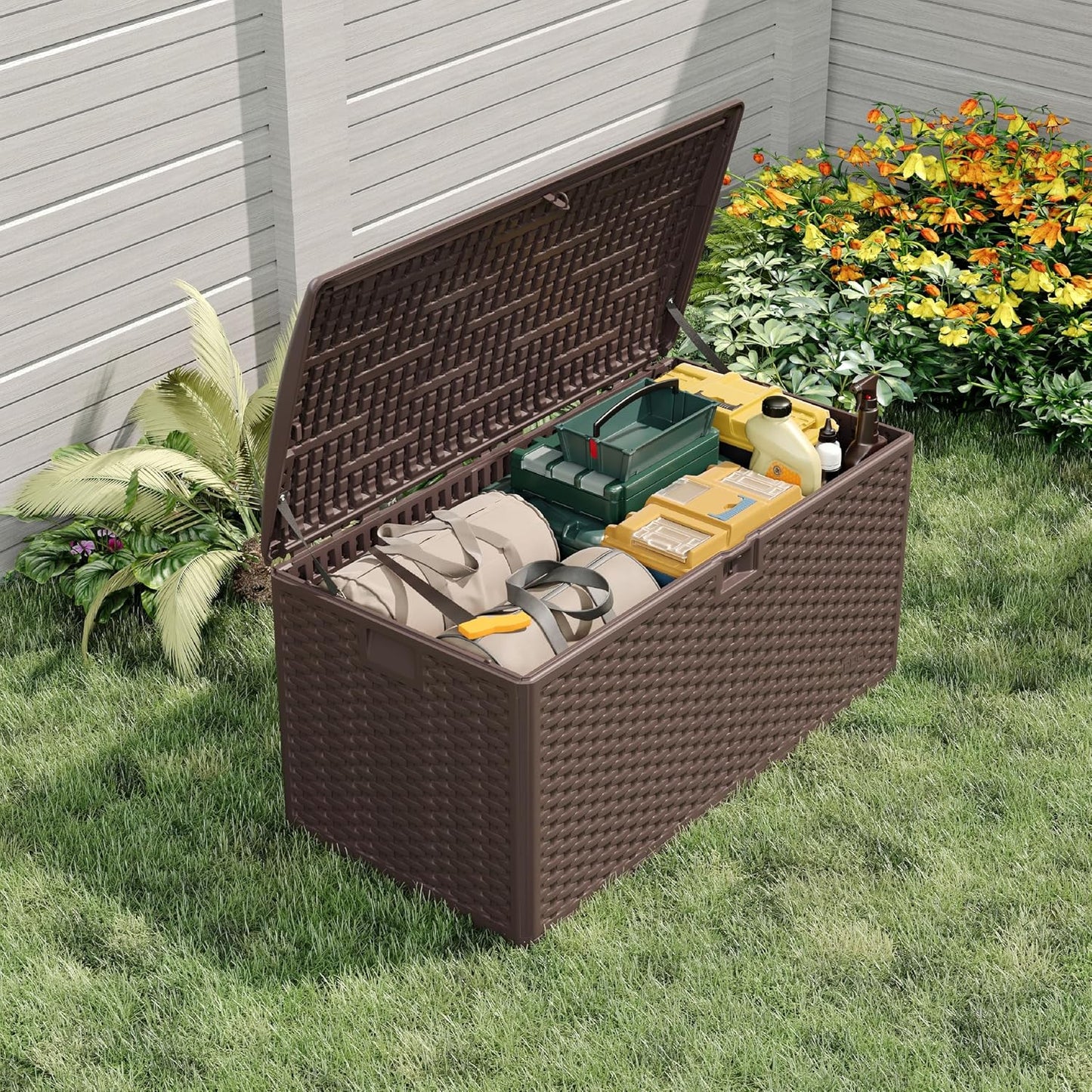 Garvee 73 Gallon Waterproof Large Resin Deck Box Indoor Outdoor, Lockable Storage Container for Patio Furniture Tools, Waterproof Deck Box Patio Storage Bin for Pool Garden, Black