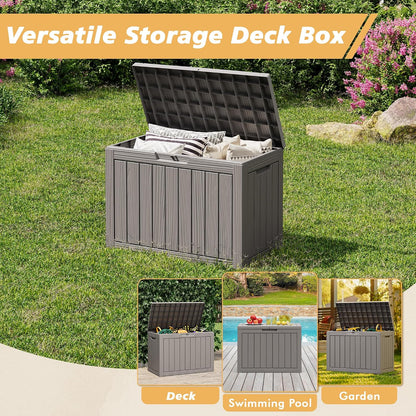 Fancyango 75 Gallon Outdoor Deck Box Waterproof, Large Storage Box for Patio, Resin Storage Bench Lockable for Garden Tools, Package Delivery, Black