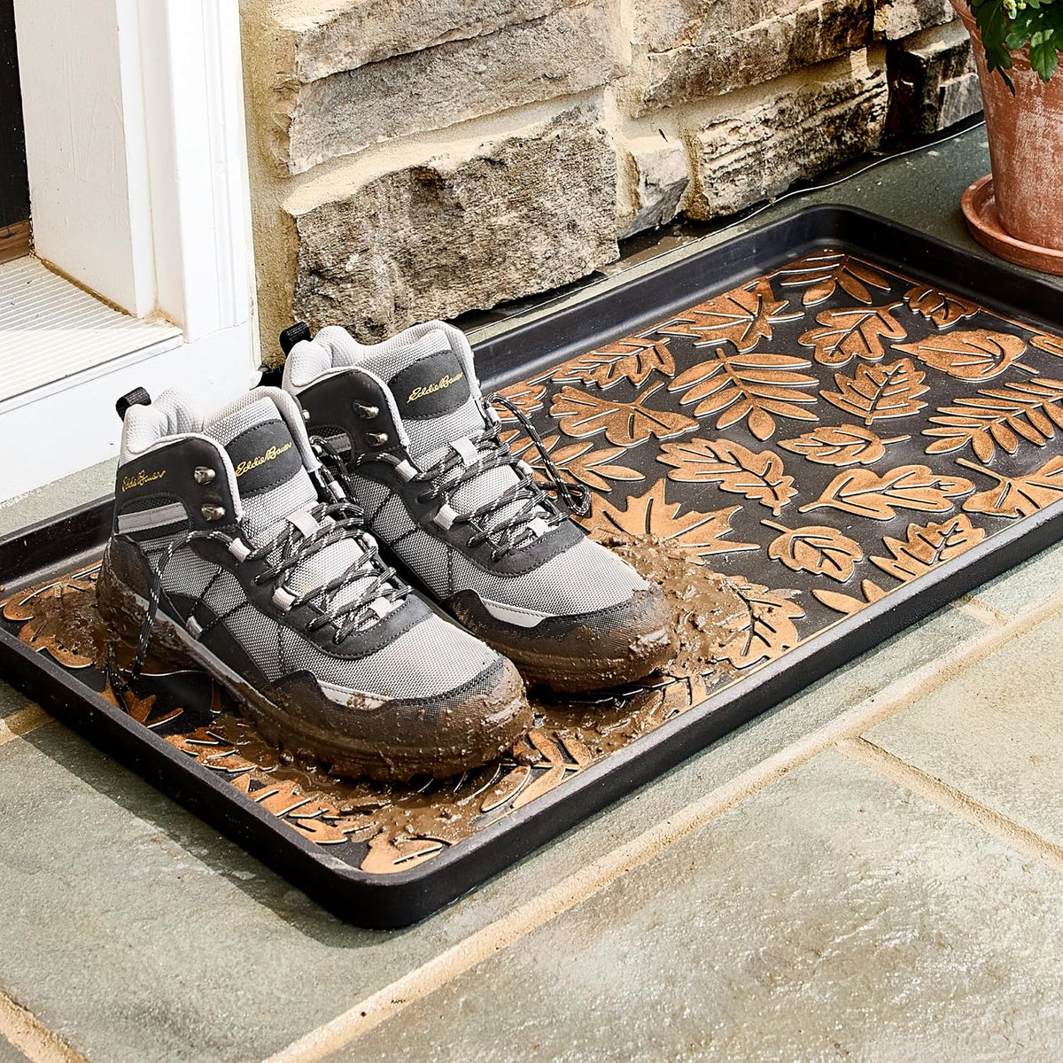 Eddie Bauer Rubber Boot Tray – Lake Waves Design, 16"x32", Black – Waterproof Entryway Boot Mat