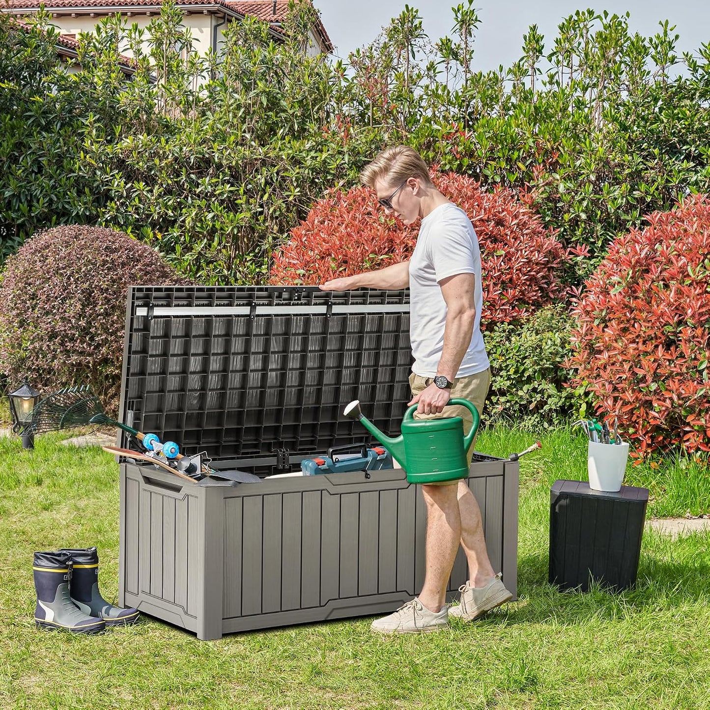 YITAHOME 31 Gallon Outdoor Storage Box | Resin Deck Box and Waterproof Package Delivery Box for Gardening Tools, Pool Supplies, Patio Furniture, Lockable, Taupe