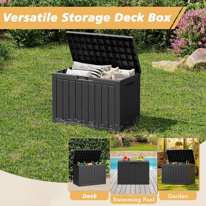 Fancyango 75 Gallon Outdoor Deck Box Waterproof, Large Storage Box for Patio, Resin Storage Bench Lockable for Garden Tools, Package Delivery, Black