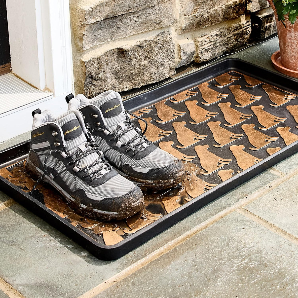 Eddie Bauer Rubber Boot Tray – Lake Waves Design, 16"x32", Black – Waterproof Entryway Boot Mat