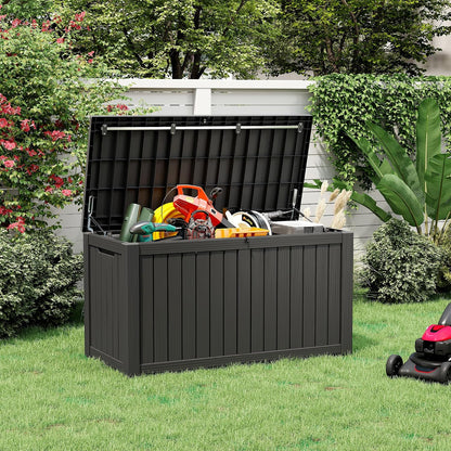 NUNU LAB Outdoor Storage Box, 45 Gallon Outside Deck Box Waterproof, Resin Outdoor Storage Cabinet With Lockable Lid, Backyard Storage Bench For Garden Tools, Patio Cushions, Pool Tools, Black