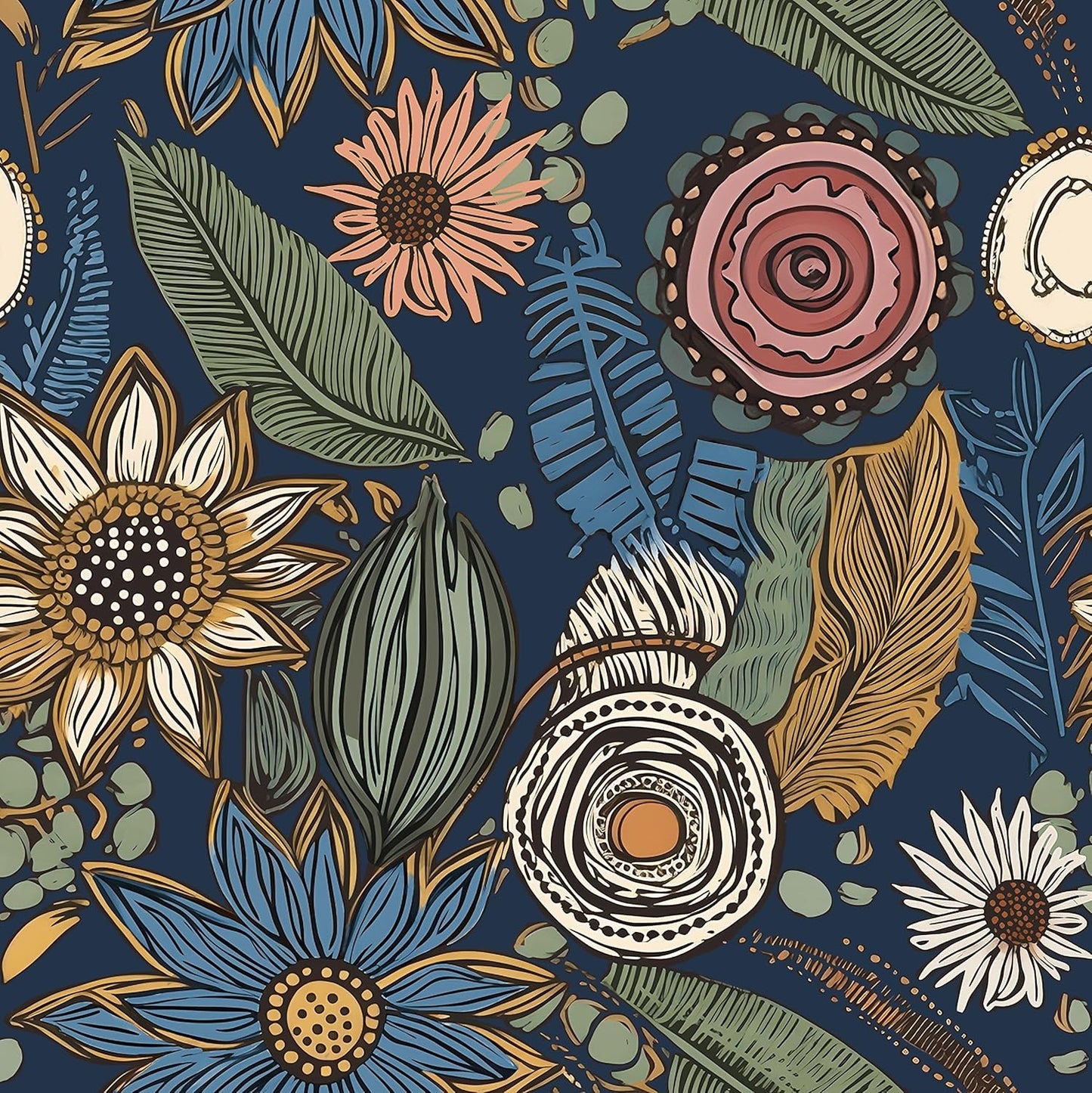 Blue Wallpaper Peel and Stick,Vintage Boho Floral Contact Paper 17.5" x 118", Retro Botanical Flower Wall Paper Self Adhesive Removable Waterproof for Walls Shelves Cabinet Table (Blue,Yellow, Green)