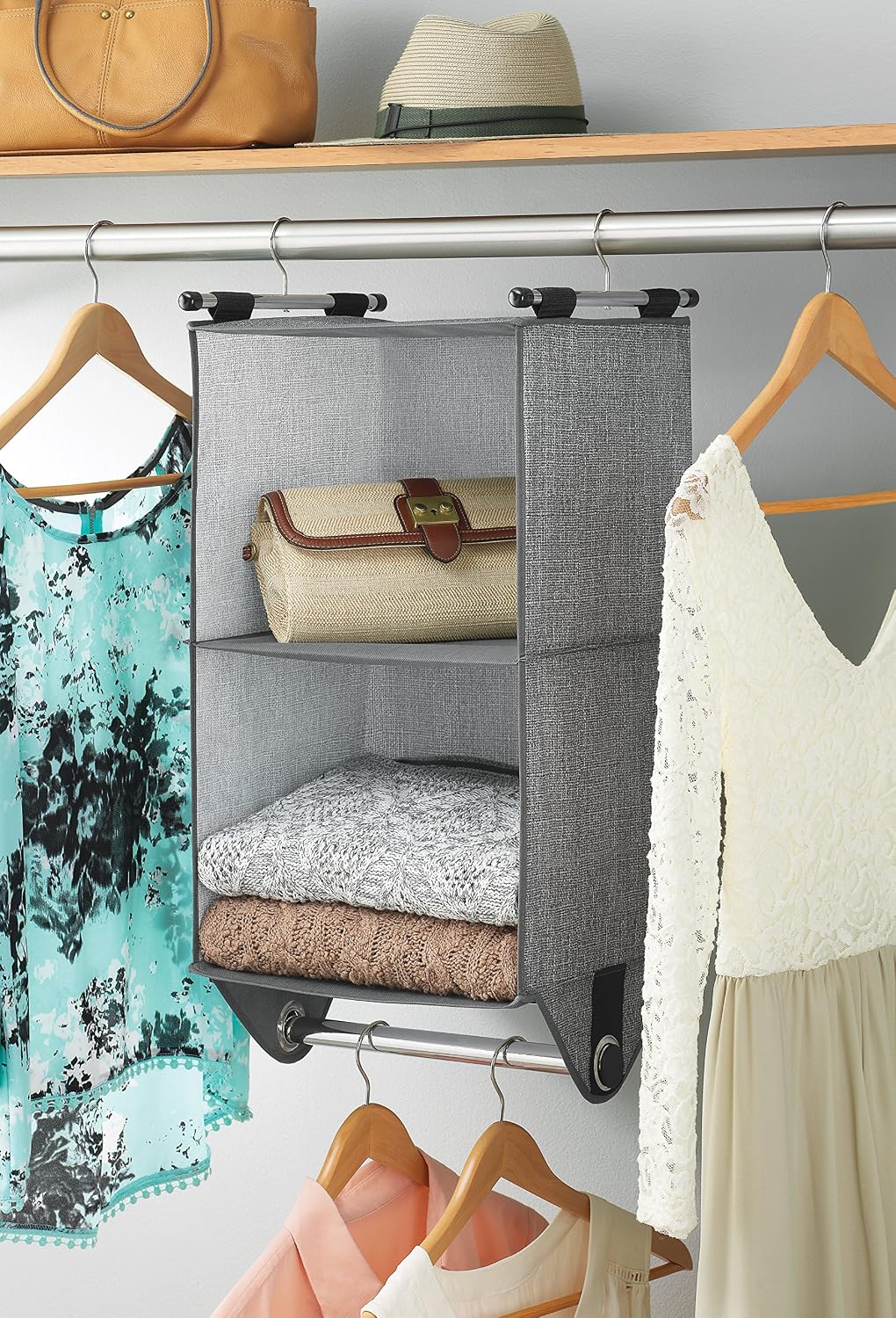 Whitmor 4 Section Fabric Closet Organizer Shelving with Built In Chrome Garment Rod