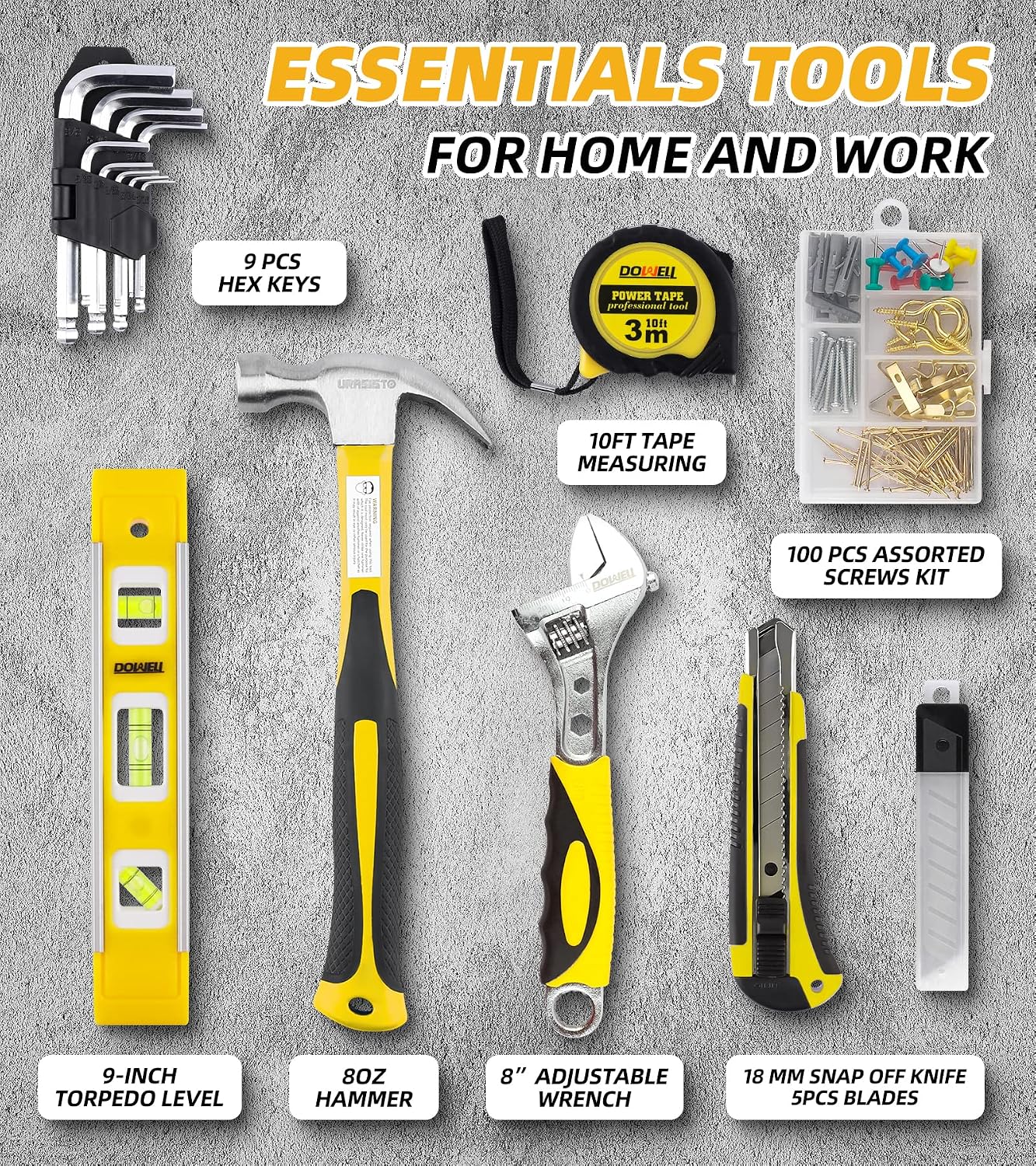 DOWELL 146PCS Homeowner Tool Set, Household Repairing Tool Kit with 14-Inch Wide Mouth Open Storage Tool Bag