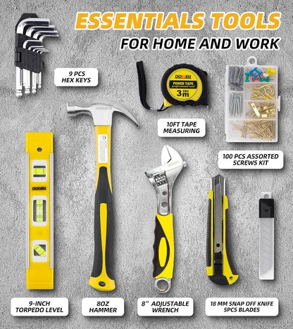 DOWELL 146PCS Homeowner Tool Set, Household Repairing Tool Kit with 14-Inch Wide Mouth Open Storage Tool Bag