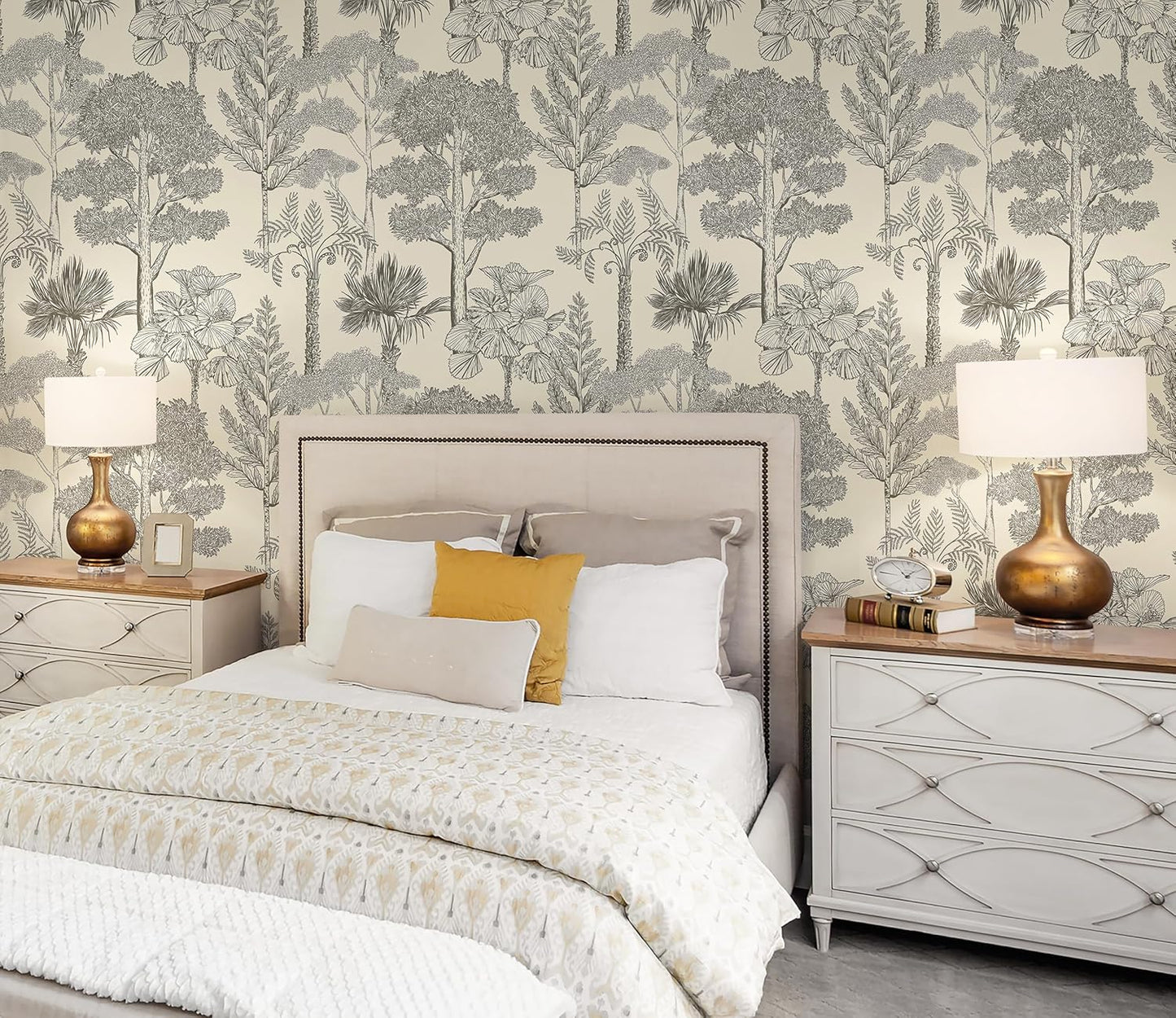 Safiyya Peel and Stick Wallpaper Beige Forest Contact Paper 17.3" x 118" Vintage Tree Wall Paper Renter Friendly Self Adhesive Removable Wallpaper for Bathroom Vinyl Off-White