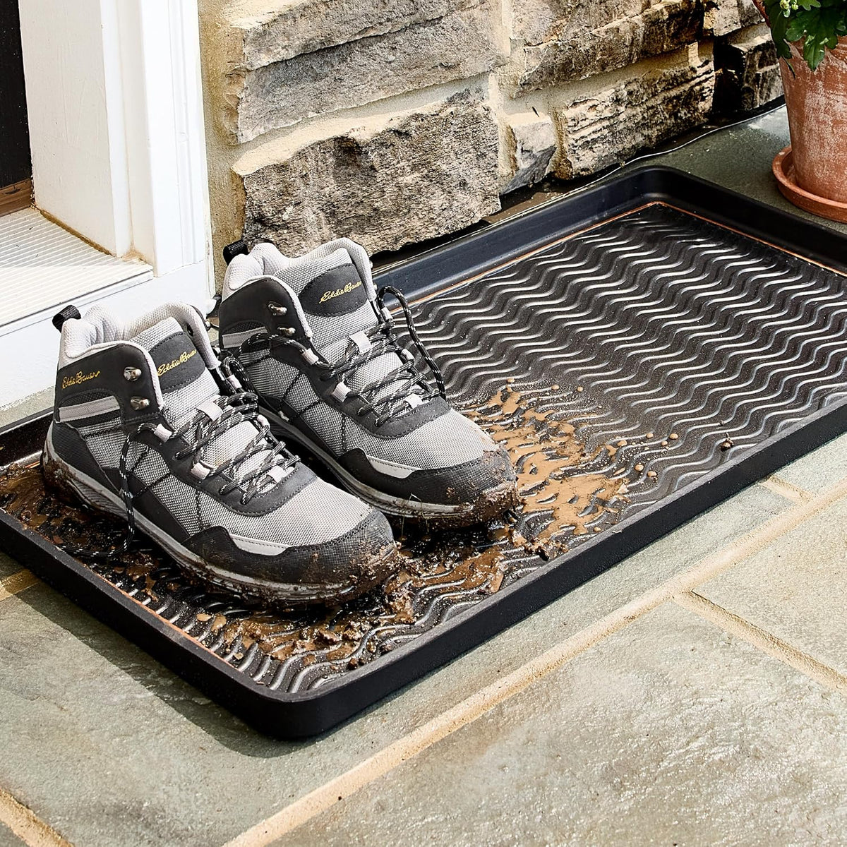 Eddie Bauer Rubber Boot Tray – Lake Waves Design, 16"x32", Black – Waterproof Entryway Boot Mat