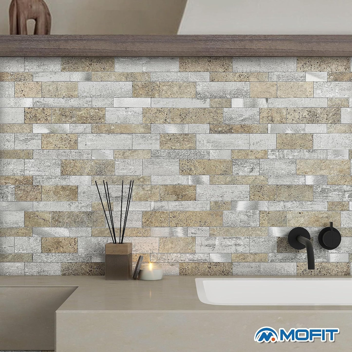 MOFIT Backsplash Tile for Kitchen Peel and Stick Stone Matte Finish,Bathroom Tiles Stickers 3D Wall Panel Linear Mosaic Marble Backsplash Waterproof(10sheets,Blue Green Gray)