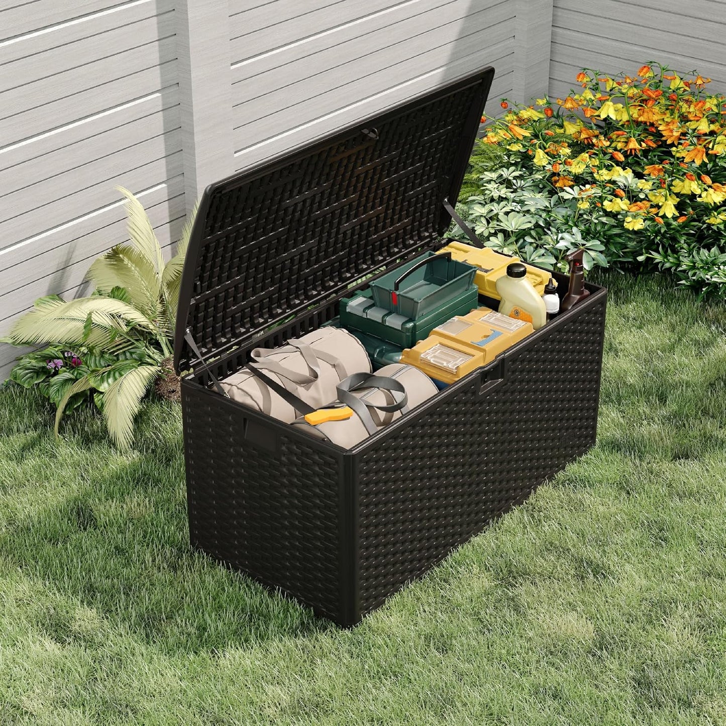 Garvee 73 Gallon Waterproof Large Resin Deck Box Indoor Outdoor, Lockable Storage Container for Patio Furniture Tools, Waterproof Deck Box Patio Storage Bin for Pool Garden, Black