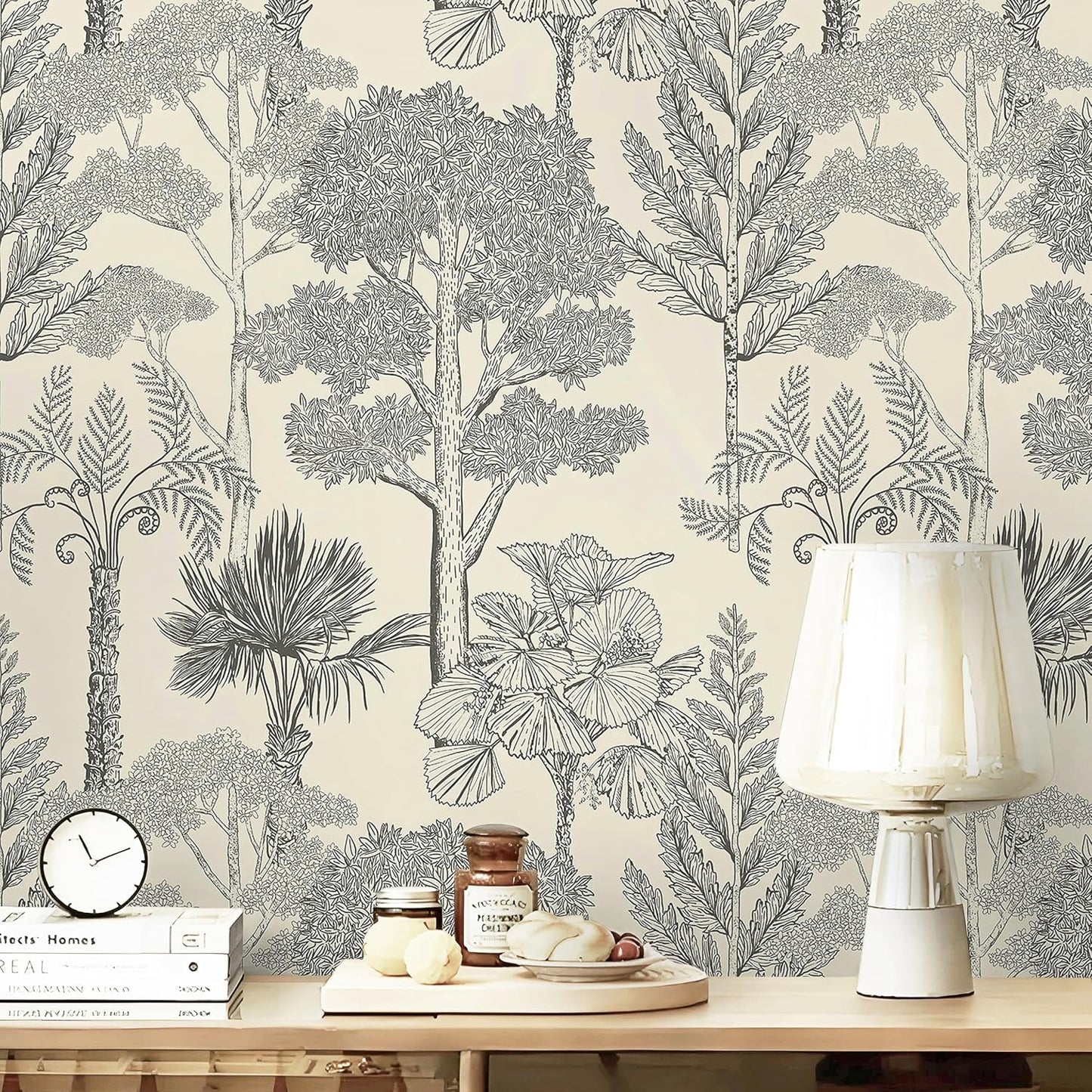 Safiyya Peel and Stick Wallpaper Beige Forest Contact Paper 17.3" x 118" Vintage Tree Wall Paper Renter Friendly Self Adhesive Removable Wallpaper for Bathroom Vinyl Off-White