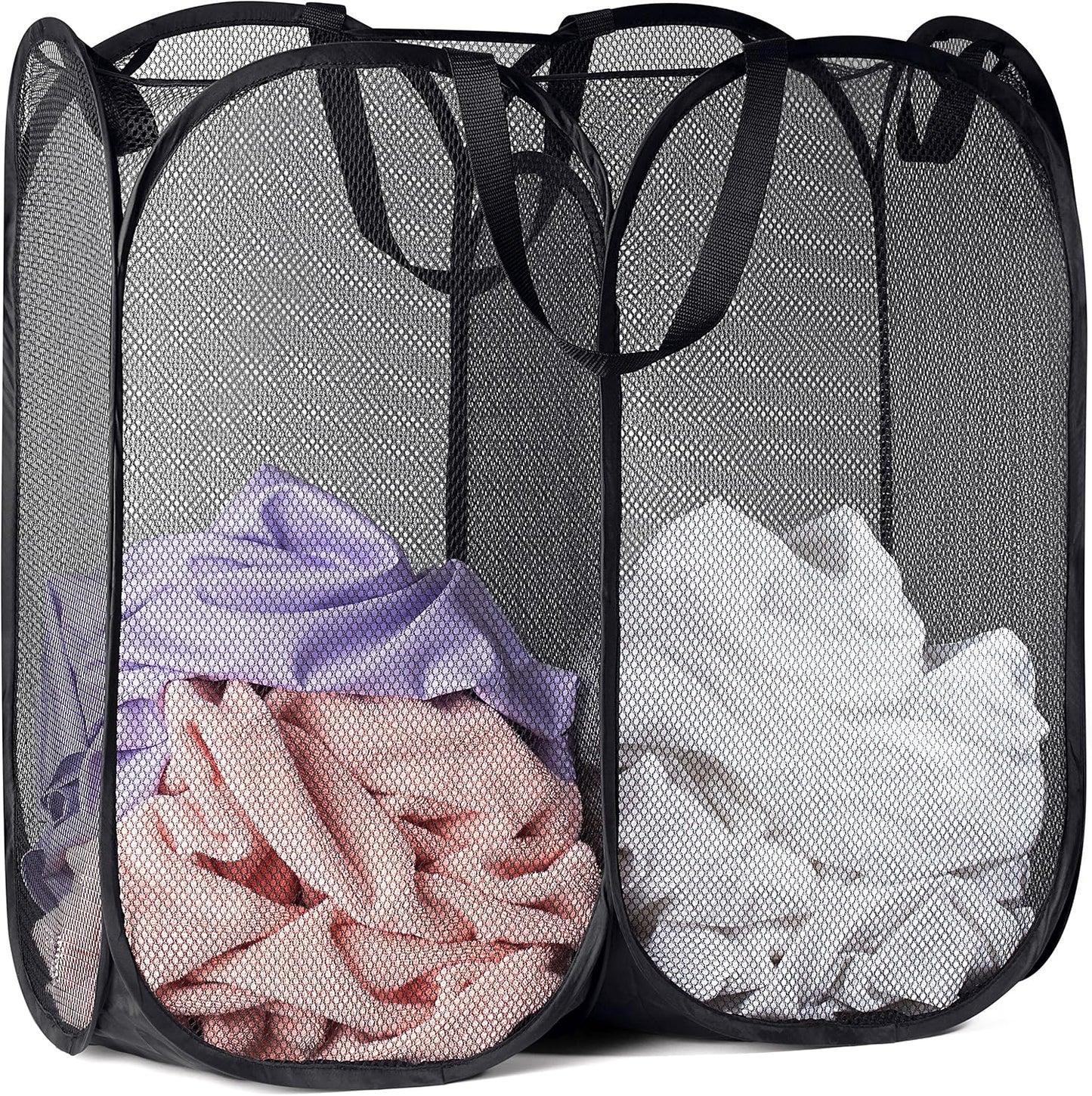 Handy Laundry Double Pop Up Hamper, 2 Section Mesh Basket, Black | Collapsible Laundry Basket, 44 Gal Foldable Divided Sorter, Reinforced Handles, Dual Compartment for Dorm, Travel, Apartment