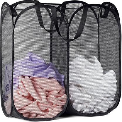 Handy Laundry Double Pop Up Hamper, 2 Section Mesh Basket, Black | Collapsible Laundry Basket, 44 Gal Foldable Divided Sorter, Reinforced Handles, Dual Compartment for Dorm, Travel, Apartment