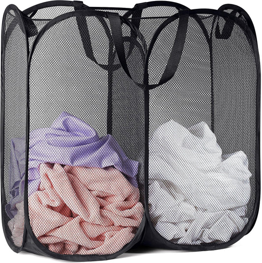 Handy Laundry Double Pop Up Hamper, 2 Section Mesh Basket, Black | Collapsible Laundry Basket, 44 Gal Foldable Divided Sorter, Reinforced Handles, Dual Compartment for Dorm, Travel, Apartment